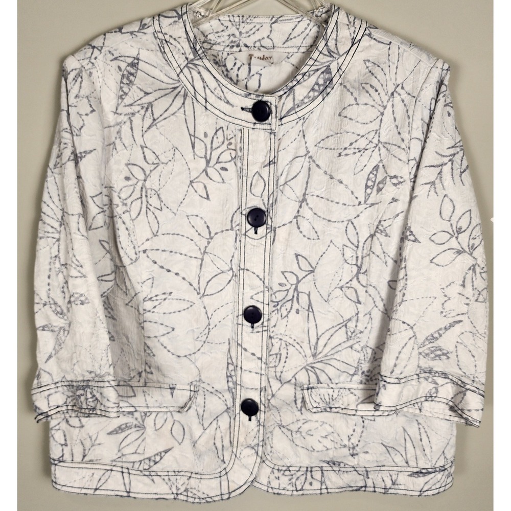 TanJay Women White Blue Leaf Print Button Front Jacket Size 16 Cottage core